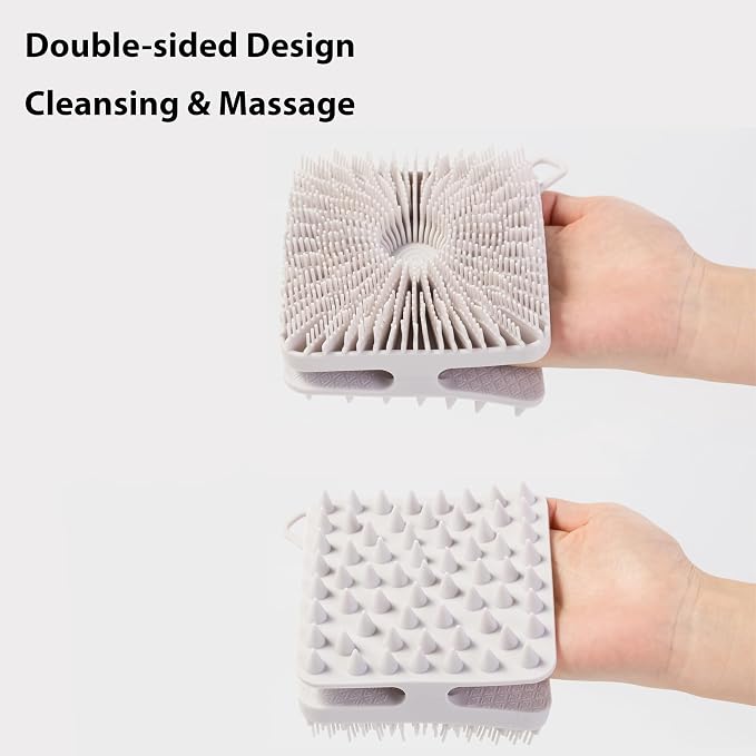 MtBoi 2 PC Silicone Exfoliating Body Scrubber, Body Shampoo Brush, Soft Silicone Loofah for Sensitive Skin, Shower Silicone Hair Scalp Massager, Easy to Clean, Lather Well(Gray&Pink)