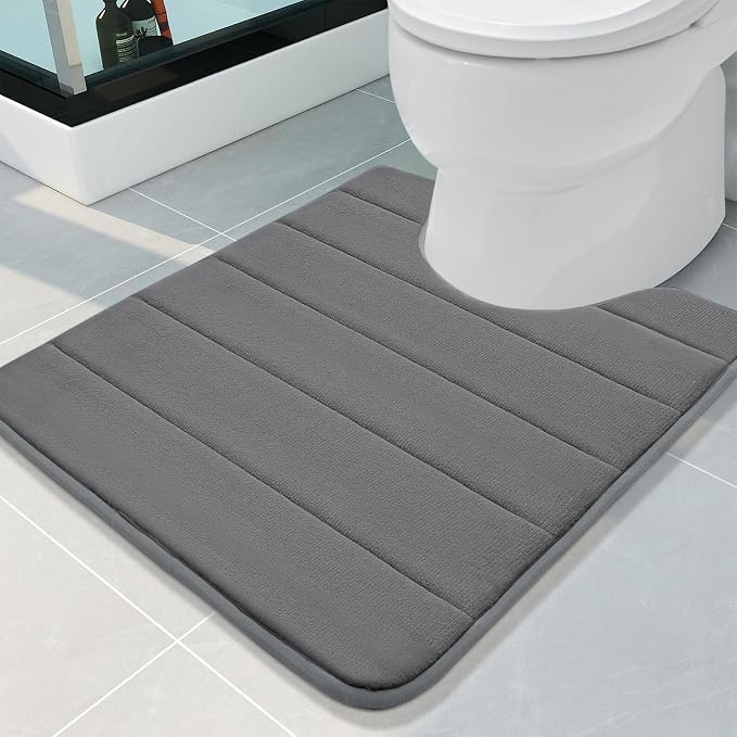 Buganda Memory Foam U-Shaped Contour Toilet Rugs, Absorbent, Thick Soft Washable Bathroom Mat, Floor Carpet Bath Rugs Mat for Toilet Base (24" x 20", Grey)