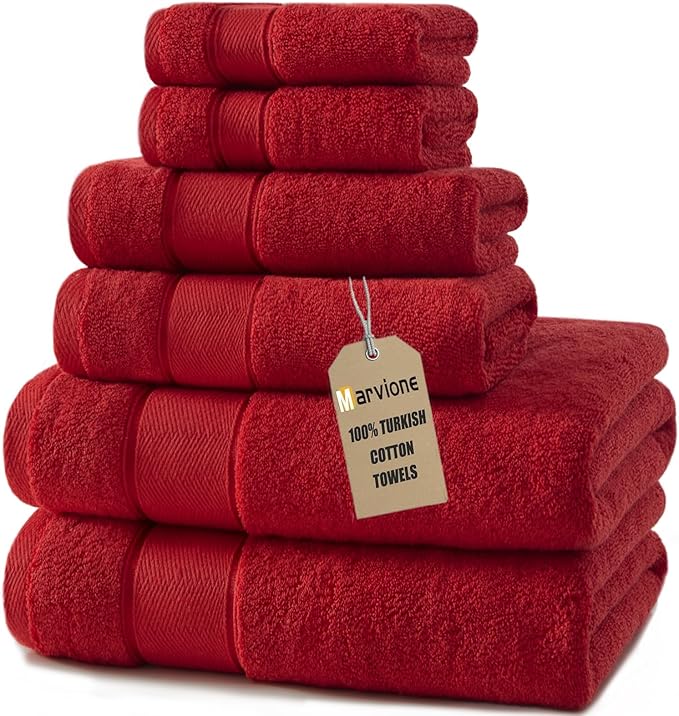 Marvione Bath Towels Set 6 Piece, 100% Turkish Cotton Highly Absorbent and Soft Towels for Bathroom 2 Bath Towels 2 Hand Towels 2 Washcloths, Red