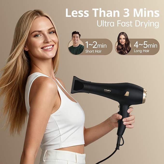 CONFU Hair Dryer Professional Hairdryer - Ionic Blow Dryer 5X Fast Drying | 1875 watt AC motor, 3 heat 2 speed 1 cold button, Blowdryers with comb, diffuser for long thick, curly hair, Low noise, Salon