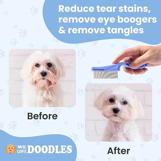 Dog Face Comb, Flea Comb for Dogs, Fine Tooth Tearstain Remover Metal Comb, Removes Crust, Mucus, and Stains, Face Brush for Poodles & Other Breeds, Grooming Brush for Pets, Small [We Love Doodles]