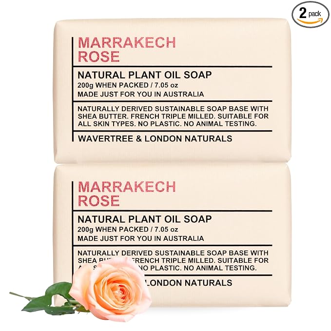 Wavertree & London Marakech Rose Scented Natural Soap Bars (2 Bars), 7oz Moisturizing French Triple Milled Soap enriched with shea butter - Plant Oil Bath & Body Soap Bars [100% Naturally derived]