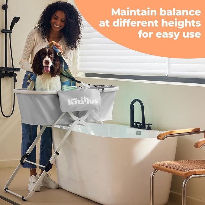 KITPLUS Portable Dog Bathtub, 5 Height Adjustable Dog Washing Station for Pet Shower and Grooming Foldable Bathing Tub with Storage & Anti-Slip Design for Small Large Dogs Cats