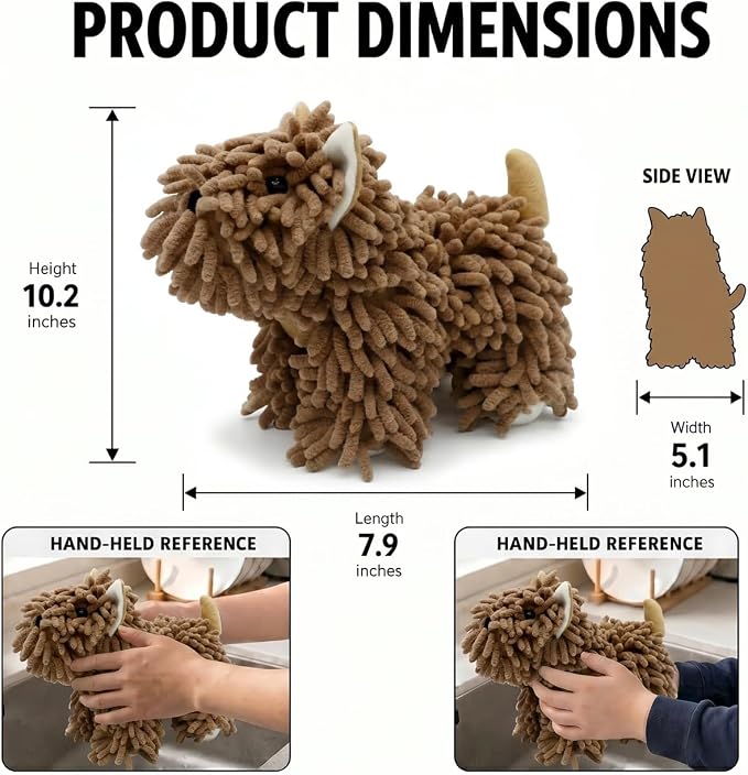 Cute Dog Chenille Hand Towel, 3D Puppy Hangable Fuzzy Ball Hand Towel Microfiber Super Soft Absorbent Bathroom & Kitchen Towels with Hanging Loop, Can Be Placed on the Sink Countertop (Dark Brown)