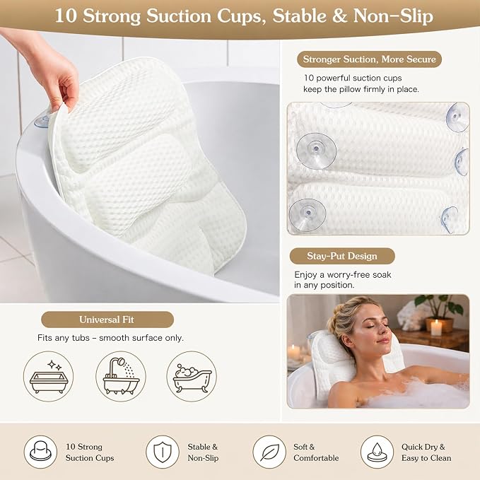 Luxury Bath Pillow for Tub, with 10 Strong Suction Cups, Non-Slip Bathtub Pillow for Head Neck & Back Support, Extra Large 21” Spa Bath Pillow, 4D Air Mesh Quick-Dry, Gift for Women(White)