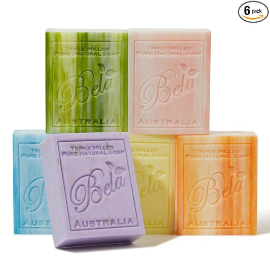 BELA Soap Variety Pack 3.3 OZ, Pack of 6, Long Lasting, French Triple Milled Bar Soap with Organic Shea Butter, Hand, Face and Body Wash Bar Made in Australia