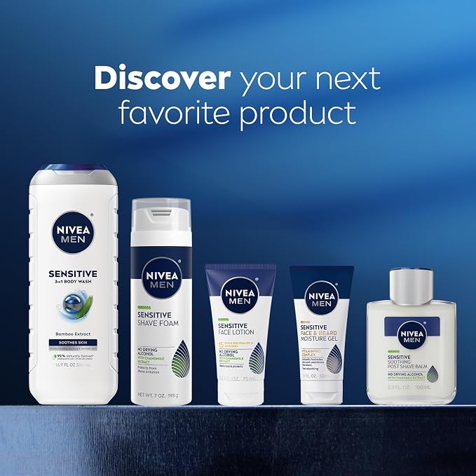 NIVEA MEN Sensitive Body Wash with Bamboo Extract, Moisturizing Body Wash for Sensitive Skin, Soap Free Shower Gel for Men with No Drying Alcohol, 16.9 Fl Oz Bottle, Pack of 3