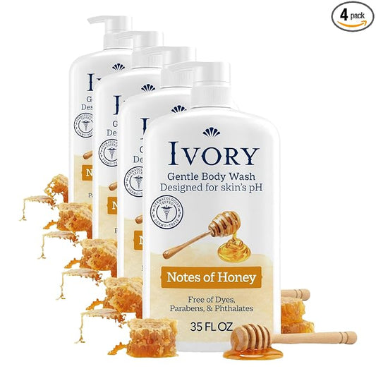 Ivory Body Wash Gentle, Free of dyes, parabens, and phthalates, Honey Scent, 35 oz (Pack of 4)