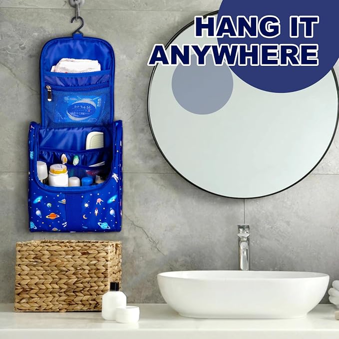 Remobia Hicol Cute Cartoon Hanging Kids Toiletry Bag Children Travel Cosmetic Makeup Organizer Wash Bag Shower bag Over Night Bag Camping Shaving Kit Bag for Boys & Girls (Astronaut)