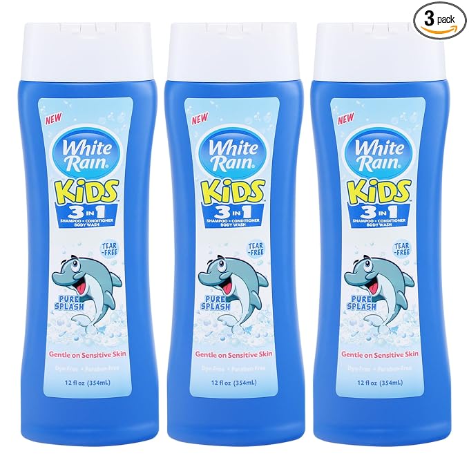 White Rain 3-in-1 Kids Shampoo Conditioner Body Wash, 12 fl oz (Pack of 3), Tear-Free Shampoo, Kids Body Wash, Paraben-Free, Gentle Formula for Daily Bath Routines, Pure Splash