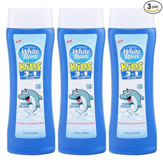White Rain 3-in-1 Kids Shampoo Conditioner Body Wash, 12 fl oz (Pack of 3), Tear-Free Shampoo, Kids Body Wash, Paraben-Free, Gentle Formula for Daily Bath Routines, Pure Splash