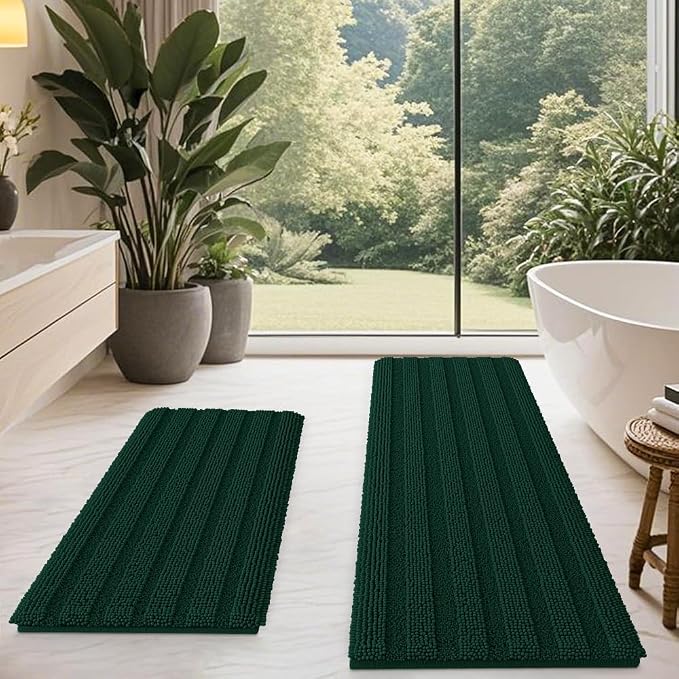 Christmas Striped Deep Green Bathroom Rug Mat Set 2 piece 32"x20"+60"x20" Ultra Soft, Non Slip Chenille Bath Rugs, Absorbent Plush Shaggy Bath Mats for Bathroom, Bedroom, Kitchen, Shower, Tub