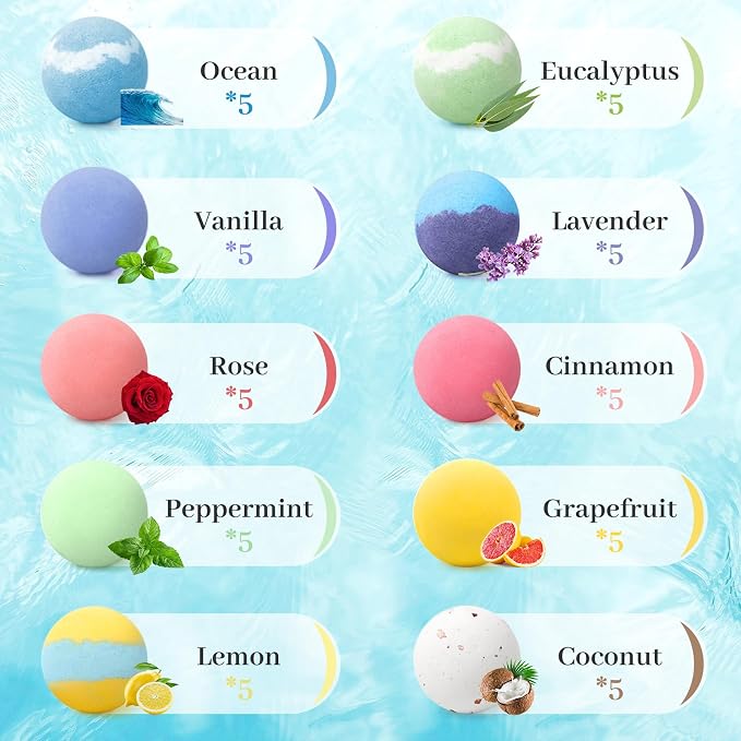 TranquilBliss Bath Bombs Set 50 PCS with 10 Rich Scents, Bath Bombs for Women, Natural Bubble Bombs with Shea Butter & Safe Oil, Ideal for Mother's Day, Valentine's Day, Christmas, Birthday Present