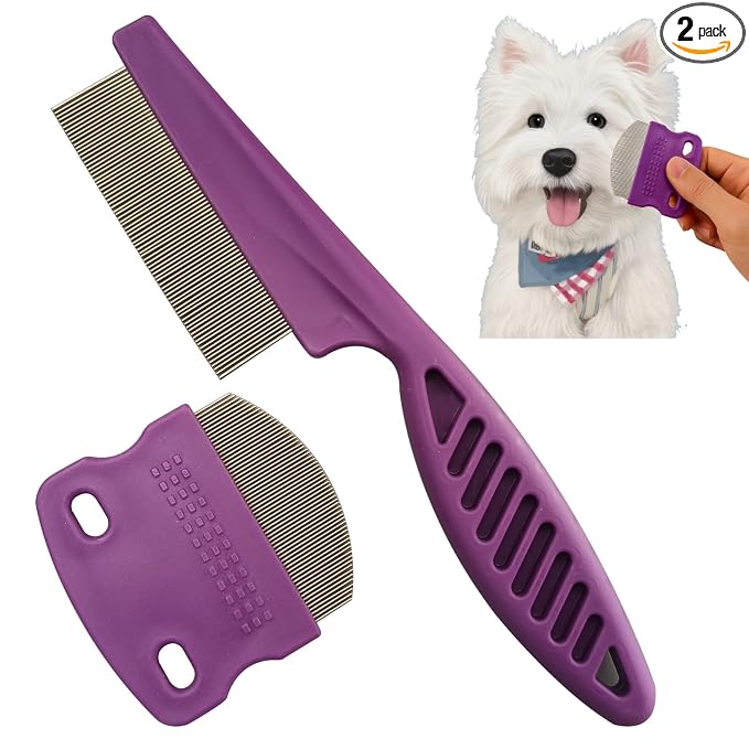 2 Pack Professional Pets Eye Combs,Pets Grooming Comb Kit,Stainless Steel Tear Stain Remover for Cats & Dogs,Flea Lice Comb,Gentle Curved Comb Teeth,Precisely Removes Stains (Pet comb set)