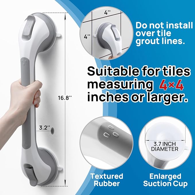 LEVERLOC Grab Bars for Bathtubs and Showers, Shower Handle 17 Inch Strong Suction Bath Handrails, Safety Grip for Bathroom Chair, Bathroom Grab Bar for Senior No Drilling Waterproof,Grey