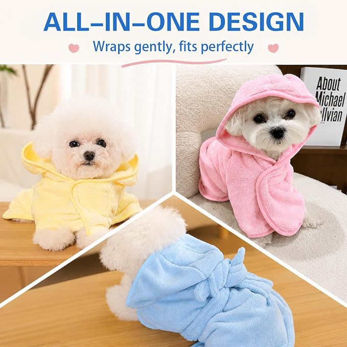 Dog Bathrobe Towel with Hood Super Absorbent Pet Bath Robe for Small Medium Dogs Quick Drying Doggy Bath Towel Coat with Adjustable Waistband Soft Pet Grooming Robe (Blue, L(up to 22lbs))