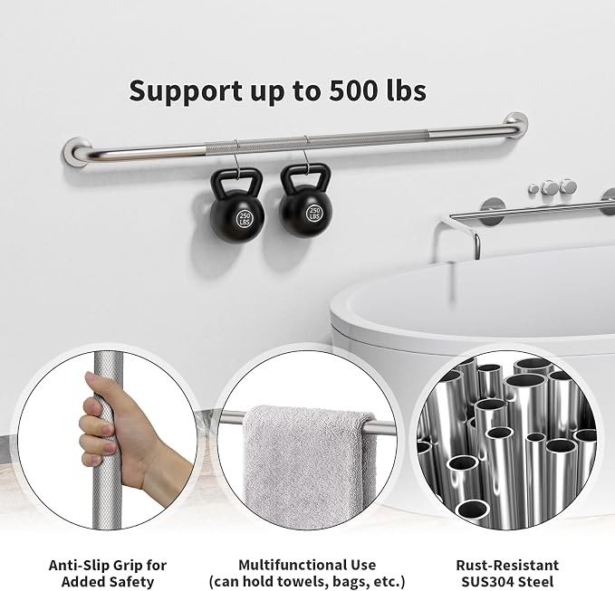 Anti-Slip Shower Grab Bar 48 Inch, ZUXET Brushed Nickel Extra Long Handicap Grab Bar w/Knurled Grip, Stainless Steel Bathroom Handrail for Toilet Shower Bathtub, Safety Support Bar for Seniors Elderly