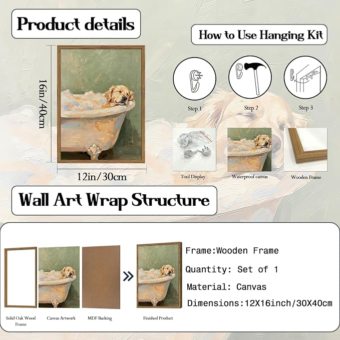 Funny Dog Bathroom Wall Art Cute Golden Retriever in Bathtub Wall Decor Picture Whimsical Bathroom Dog Poster Canvas Painting Print 12x16 inch Wood Framed