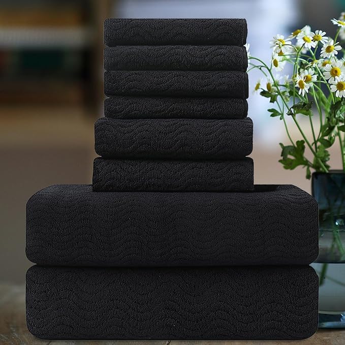 Smuge Ultra Soft 8 Piece Textured Bath Towel Set for Bathroom Shower Pool, Kitchen, Quick Dry, Lightweight Highly Absorbent - 2 Oversized Bath Towel Sheets, 2 Hand Towels, 4 Washcloths - Black