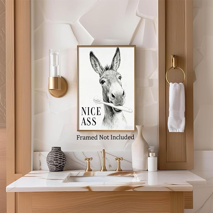 Funny Bathroom Wall Art Black and Grey Painting Prints with Nice Ass Quotes Framed Animals Artwork for Washroom Restroom Toilet Home Decoration Aesthetic Family Wall Decor 16X24 in Black Framed