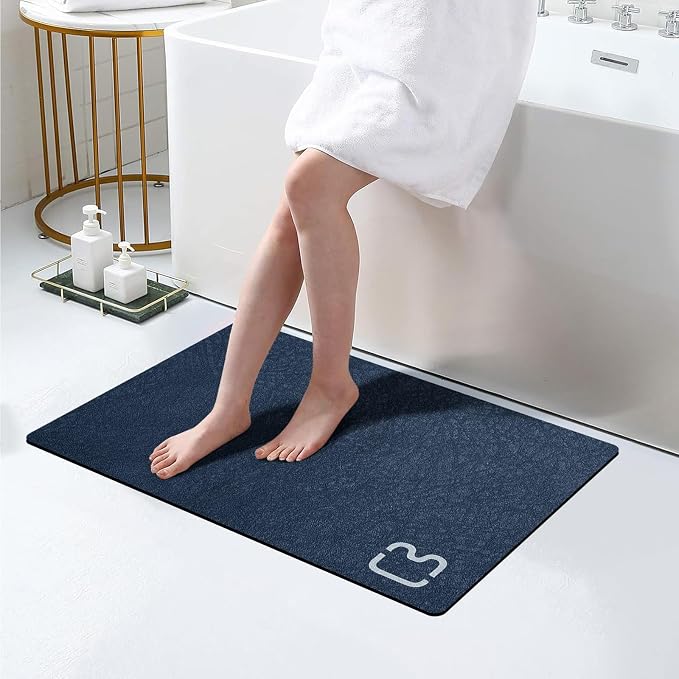 RUERYA Diatomite Stone Bathroom Mats Rug - Rubber Non Slip Fast Dry Super Absorbent Thin Rugs Fit Under Door - Diatomaceous Earth Bath Mat for Bathroom,Shower Room,Laundry Room,Sink,17"x27.5",Navy