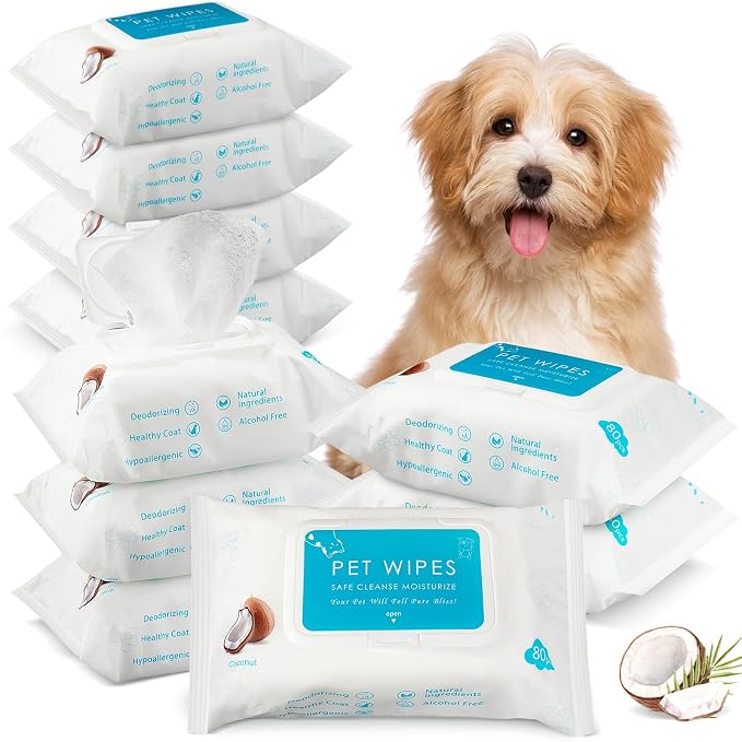 Treela 10 Packs of 80 Dog Wipes Pet Wipes Cat Grooming Supplies for Paws, Butt, Ear, Skin, Body Bath Cleaning Stain Odor Remover, Home or Travel Use(Coconut)
