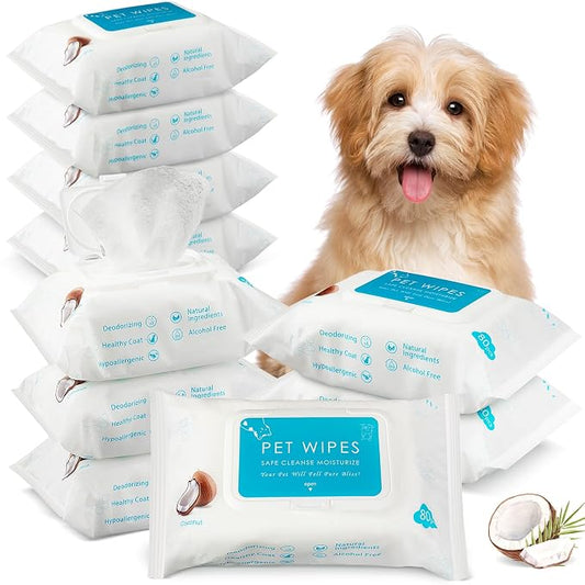 Treela 10 Packs of 80 Dog Wipes Pet Wipes Cat Grooming Supplies for Paws, Butt, Ear, Skin, Body Bath Cleaning Stain Odor Remover, Home or Travel Use(Coconut)