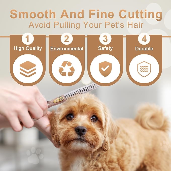 Professional Dog Grooming Scissors Rose Gold 440C Stainless Steel Straight Thinning Curved Chunker Shears for Pet Grooming Services Dogs and Cats (Chunker, 7.5‘’)