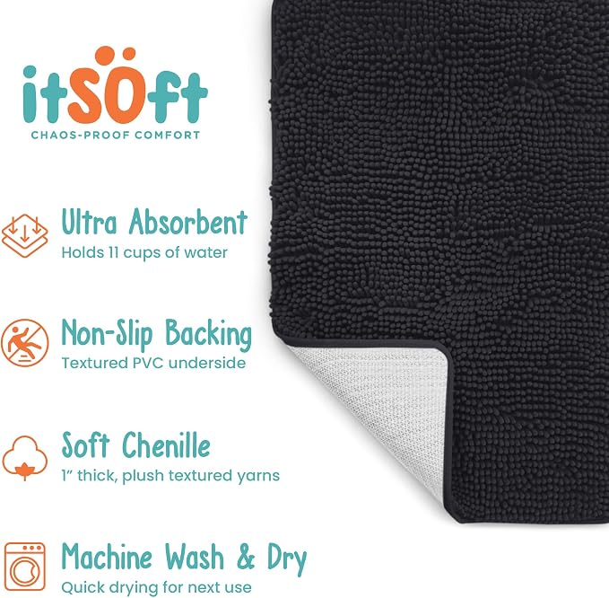 Dog Rugs for Muddy Paws 22x14 | Cleaner Mud Free Floors | Muddy Dogs Mats for Indoor, Dog Mat for Muddy Paws Door Mat Washable, Absorbent Chenille Mud Room Rug Paw Matt w/ Non Slip Backing, Black