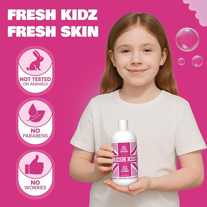 Fresh Kidz Body Wash for Kids and Teens - Gentle Bath and Shower Cleanser for All Skin Types - Girls Pink, 16.9 Fl.Oz.