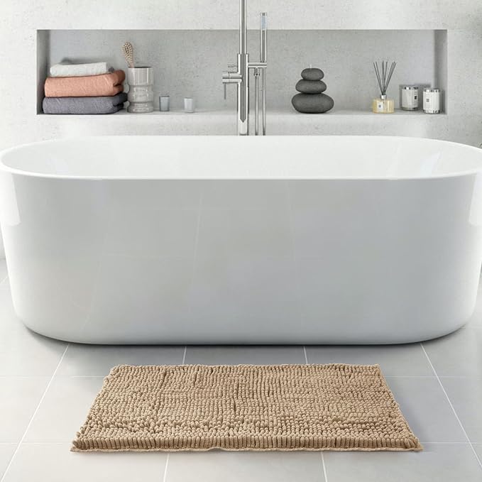 FRESHMINT Chenille Bathroom Rugs Non-Slip Bath Mat 32”x20”, Washable Soft Shower Mat, for Bathroom Floor & Tub Fluffy Shaggy Rug, Durable Thick Water Absorbent Microfiber Plush Rugs, Light Brown