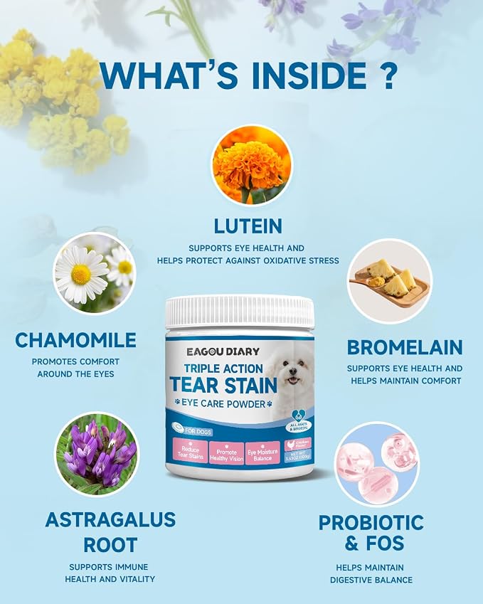 Dog Tear Stain Supplement - Eye Moisture & Vision, Tear Stain Remover 100g | Lutein, Zinc, Chamomile, Astragalus Root, Bromelain, VitaminB6, Tear Stain Supplement for Dog, Natural for Clear Eyes