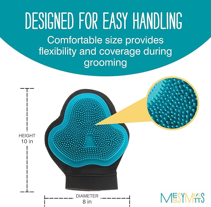 Messy Mutts Reversible Silicone Pet Grooming Glove | Gentle Massage, Brush, Bath and Dog Hair Removal Mitt | One Size Fits All | Blue