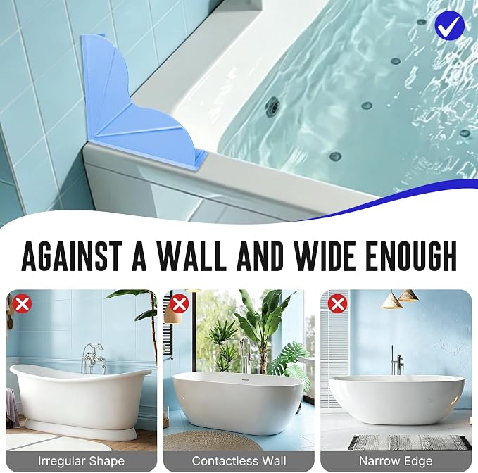 BUCABUCA 2-Pack Silicone Shower Splash Guard with Strong Suction Cups, No Adhesive L-Shaped Bathroom Water Splash Blocker, Reusable Silicone Water Guard for Bathtub, Washbasin, Kitchen Sink (Blue)