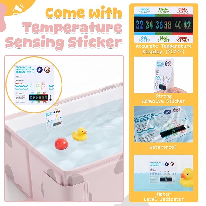 Orzbow Toddler Bathtub with Temperature Sticker, Collapsible Baby Bathtub with Side Drain Plug, Portable Bath Tub for Infant 6 Months+, Easy to Clean, Stable & Durable, Folds to Store, Pink