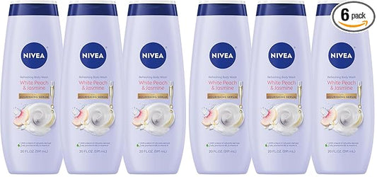 NIVEA Refreshing White Peach and Jasmine Body Wash with Nourishing Serum,Scented Body Wash for Women,Enriched with Provitamin B5 and Vitamin E,20 Fl Oz Bottle,(Pack of 6)