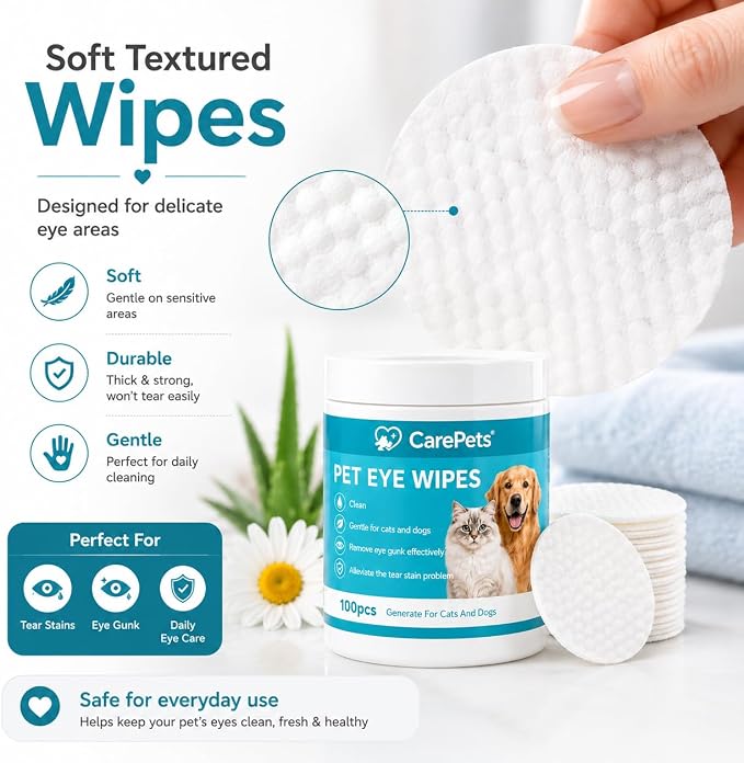 Eye Wipes, 100 Count Pet Tear Stain Cleaning Pads for Dogs and Cats, Gentle Textured Eye Area Wipes with Aloe Vera and Chamomile, Fragrance Free (3) | Gentle Textured Eye Wipes