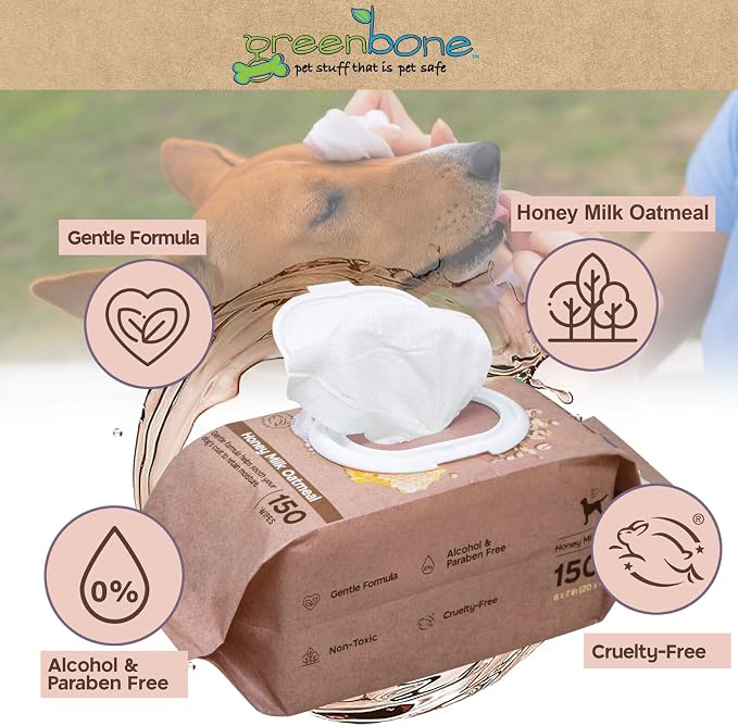 Greenbone Dog Wipes Natural and Safe for Grooming Paws, Body and Butt Cleaning Deodorizing Honey Milk Oatmeal 150 Wipes