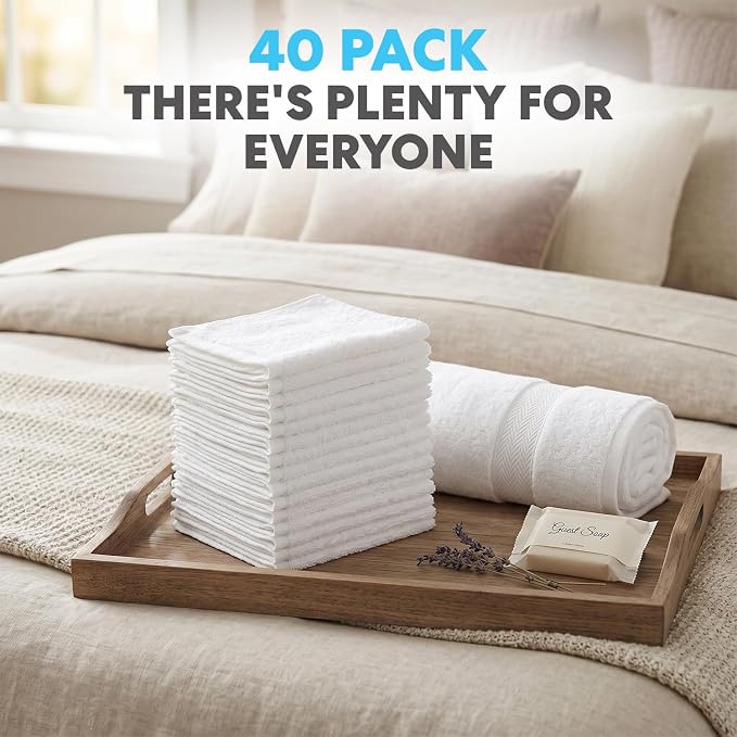 Simpli-Magic Cotton Washcloths White, 40 Pack, Size: 12”x12”