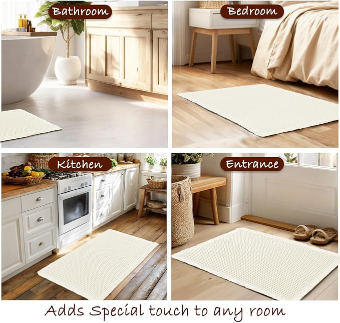 DWCN Waffle Bathroom Mat Set, Super Absorbent Non Slip Bath Rug Set for Bathroom Floor, Shower Mats 2 Piece for Tub, Washable Kitchen Rugs for Farmhouse Boho Decor, 20 x 32 Inch, Ivory
