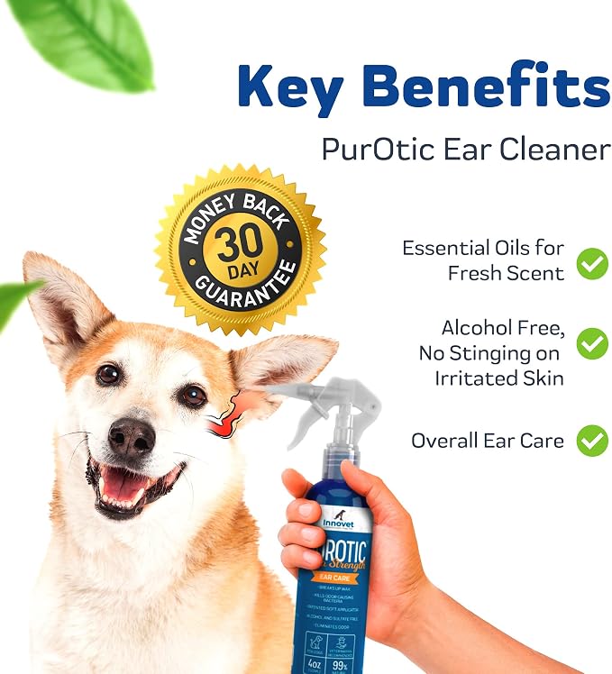 INNOVET PurOtic Natural Ear Cleaner for Dogs & Cats with Silicone Applicator - Extra Strength 4 oz Bottle