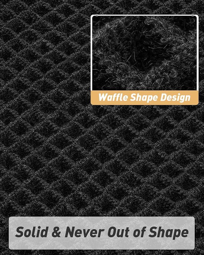 Upgraded Waffle Bath Mat Set of 2 Super Absorbent Non Slip Bath Mats for Bathroom Floor, Washable Boho Bathroom Rugs Set 2 Pieces with Tassels, Soft Bathroom Mat Set, Black, 17" x 24" Plus 17" x 48"