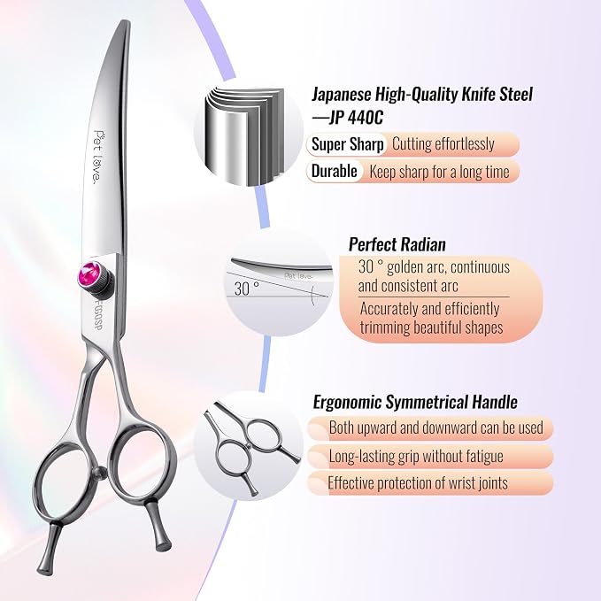 Curved Scissors for Dog Grooming Professional 8 inch Long Downward Curved Shears for Poodle Large Dogs Pet 30°Japanese 440C Stainless Steel Right Handed(8.0'',Curved)