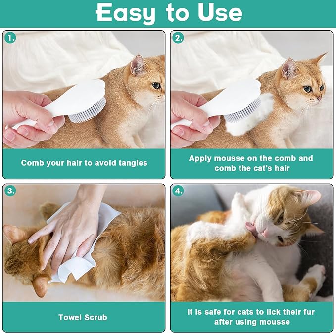 Waterless Cat Shampoo with Cat Brush, Cat Dry Shampoo, No Rinse Foam for Cat Bath