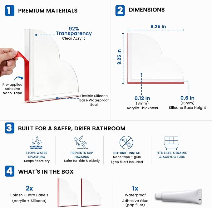 Shower Corner Splash Guard, 9.25" x 9.25" Clear Acrylic Tub and Shower Corner Water Barrier with Silicone Base, No-Drill Removable Design — Pack of 2