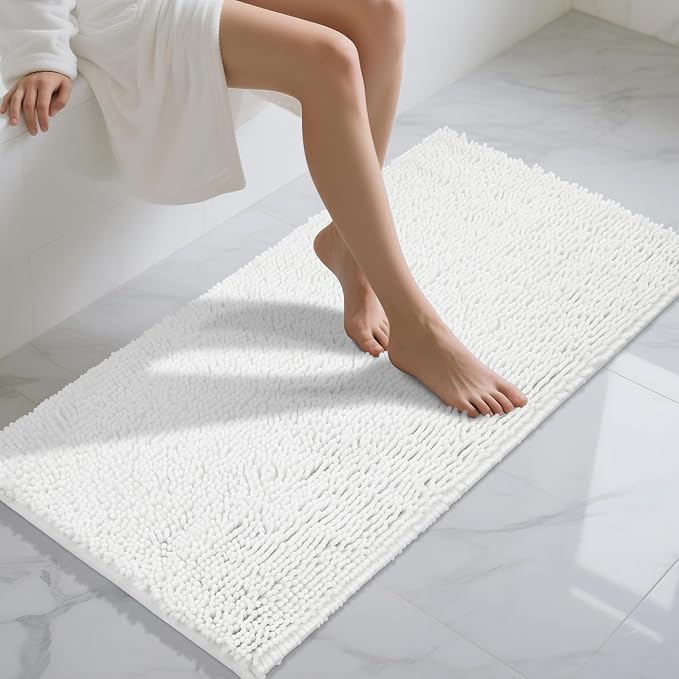 Yimobra Long Bathroom Rugs 47"x24", Extra Soft Non Slip Bath Mat for Tub, Super Absorbent Quick Dry Shaggy Rug Floor Carpet, Machine Washable,White