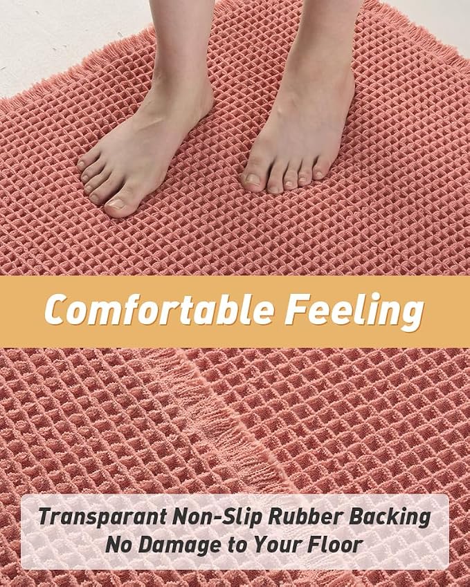 AMOAMI Upgraded Waffle Runner Rug Super Absorbent Non Slip Bath Mats for Bathroom Machine Washable Bathroom Runner Rug with Tassels, Ideal for Hallway Bedroom Laundry Room, Coral, 2'x 4'(24" x 48")