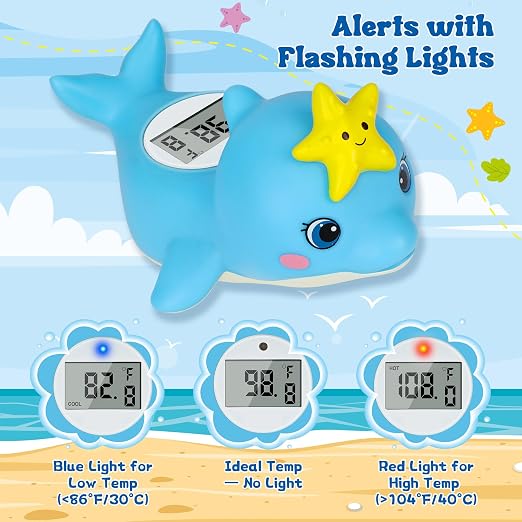 Baby Bath Thermometer, Dolphin Floating Water Thermometer with Safety Alert | Floating dolphin design | IPX7 waterproof | Hot & cold safety alert | Fast digital reading | Ideal for newborn bath time
