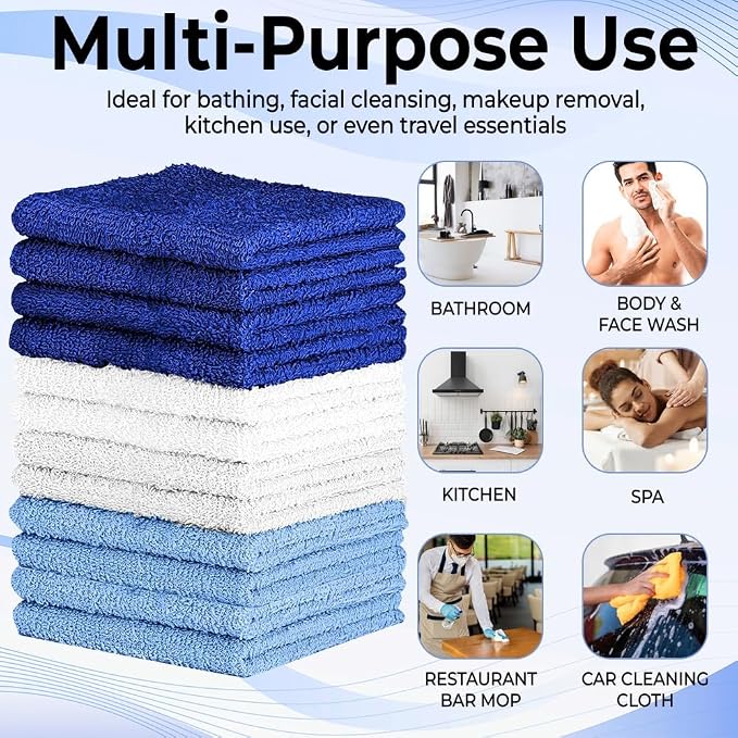 QUBA LINEN 100% Cotton Washcloth Set – Soft, Absorbent Face Towels for Bathroom & Gym Use – Durable & Reusable Wash Cloths - (Blue, White and Navy (12x12), (Pack of 12)