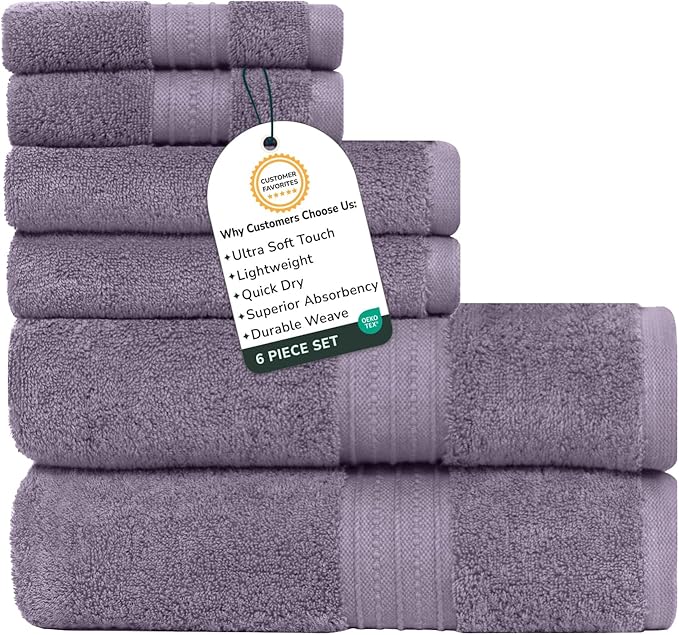 Feather & Stitch 100% Cotton Bath Towel Set of 6, 625 GSM Ultra Soft Highly Absorbent 2 Bath Towels, 2 Hand Towels & 2 Washcloth - Luxury Quick Dry Shower Towels. (Charcoal)